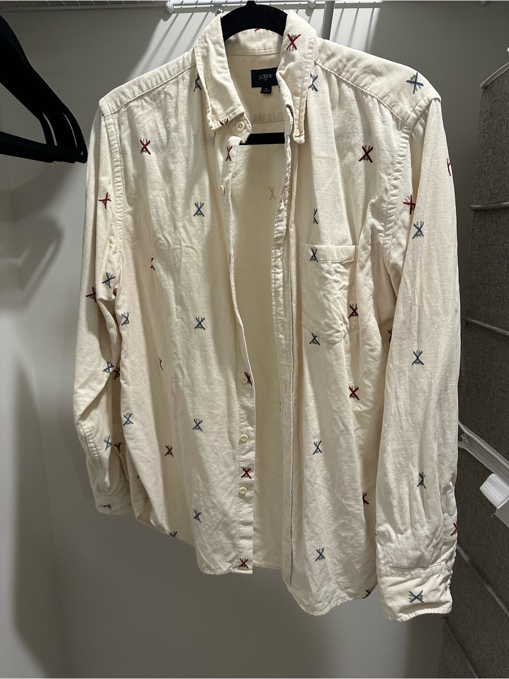 J. Crew Corduroy Button-Up Shirt Jacket with Red & Blue Embroidery